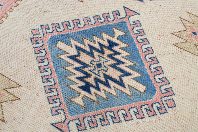 7x11 Vintage Turkish Kars Rug, Pink Blue Cream Wool Area Rug, Geometric Medallion Design
