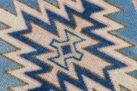 7x11 Vintage Turkish Kars Rug, Pink Blue Cream Wool Area Rug, Geometric Medallion Design