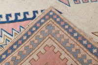 7x11 Vintage Turkish Kars Rug, Pink Blue Cream Wool Area Rug, Geometric Medallion Design
