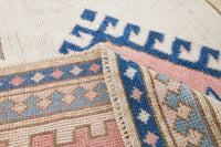 7x11 Vintage Turkish Kars Rug, Pink Blue Cream Wool Area Rug, Geometric Medallion Design