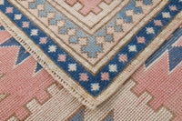 7x11 Vintage Turkish Kars Rug, Pink Blue Cream Wool Area Rug, Geometric Medallion Design