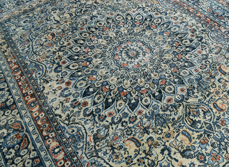 10x13 Vintage Turkish Rug, Blue Beige Rust Wool Area Rug, Large Floral Medallion Design