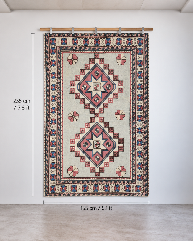 5x8 Vintage Turkish Rug, Multicolor Geometric Wool Cotton Area Rug