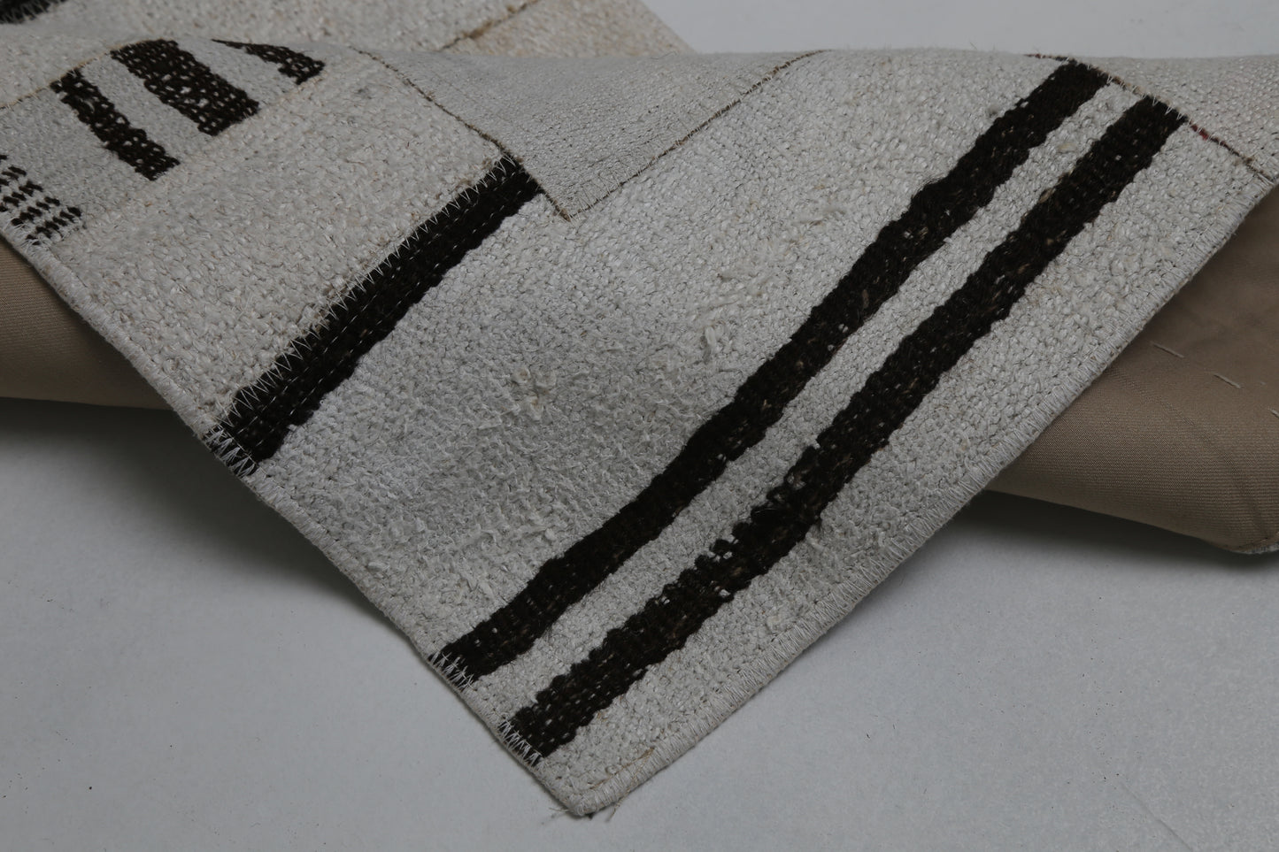 1'11 x 7'10 Vintage Turkish Hemp Patchwork Runner Rug, Black White Minimal Long Hallway Rug