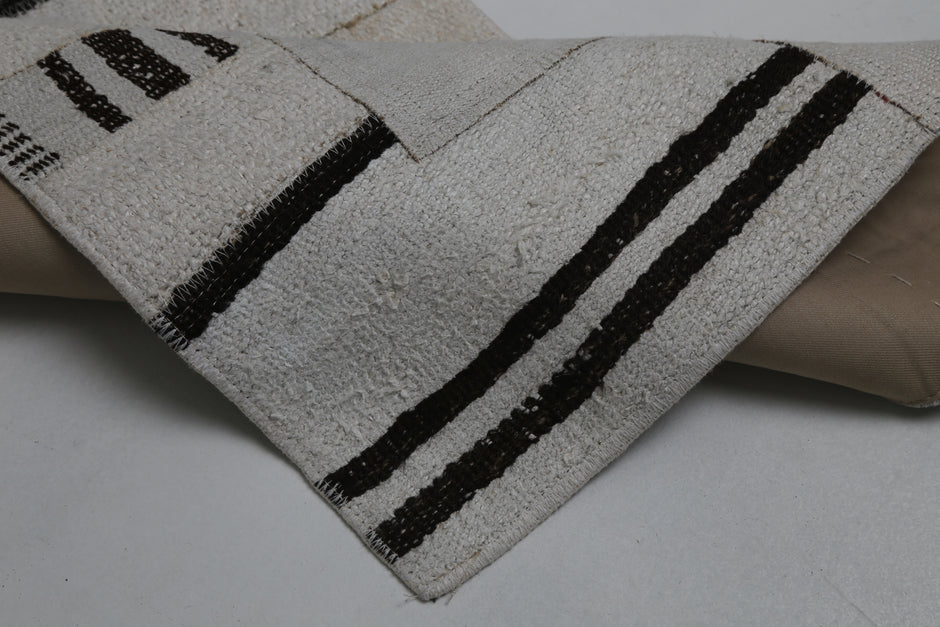 1'11 x 7'10 Vintage Turkish Hemp Patchwork Runner Rug, Black White Minimal Long Hallway Rug