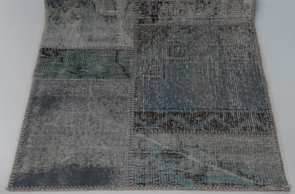 2x8 Vintage Patchwork Runner Rug, Blue Toned Wool Cotton Design, Narrow Hallway Rug