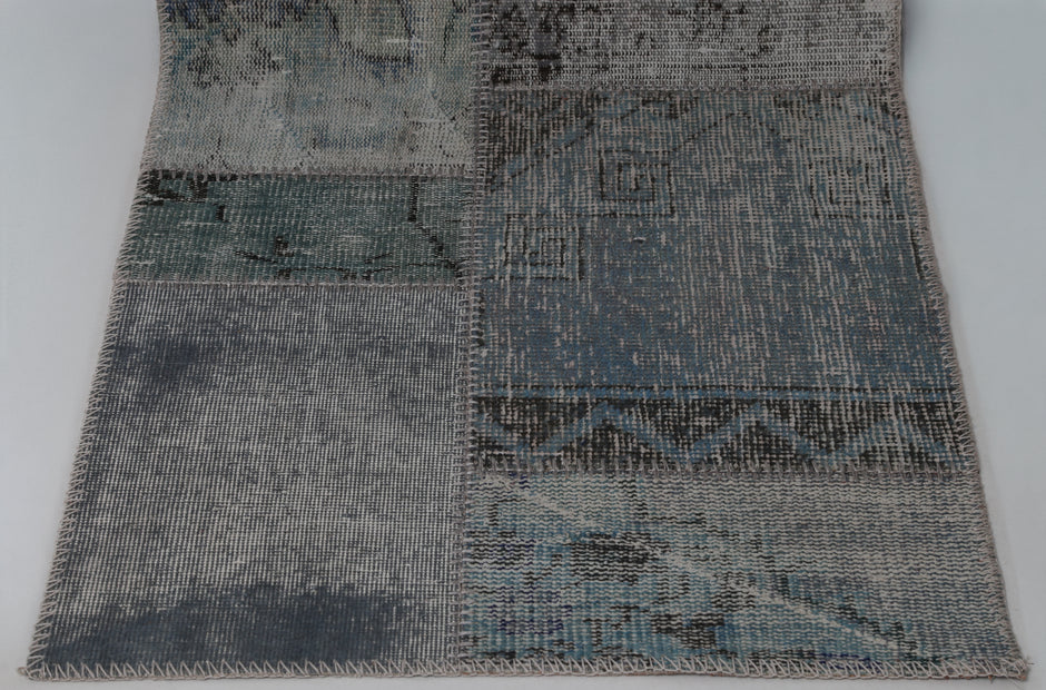 2x8 Vintage Patchwork Runner Rug, Blue Toned Wool Cotton Design, Narrow Hallway Rug