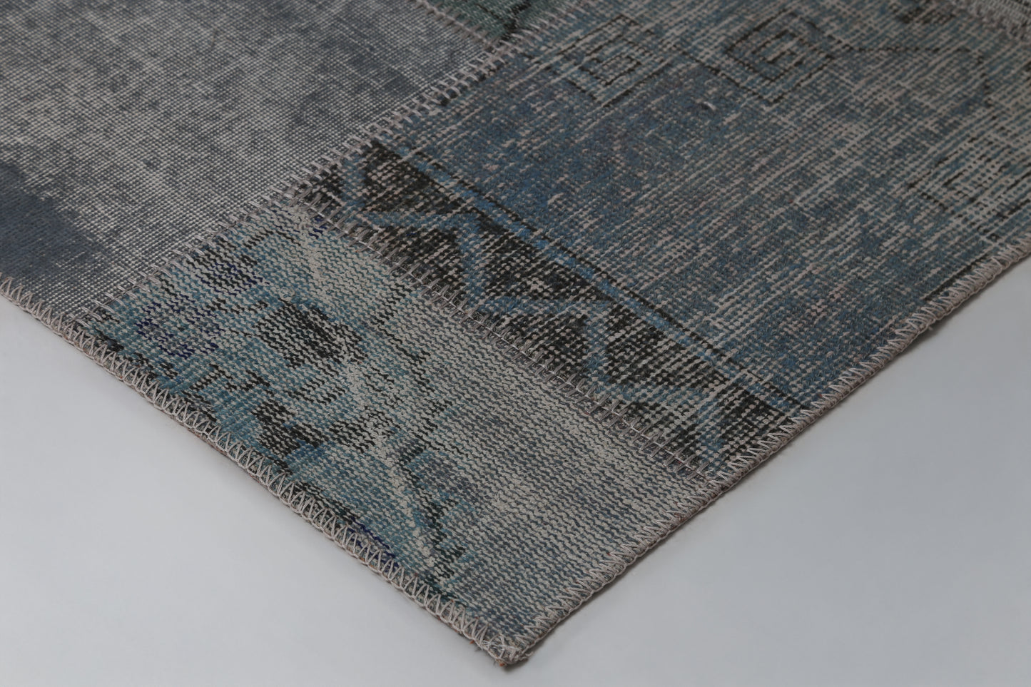 2x8 Vintage Patchwork Runner Rug, Blue Toned Wool Cotton Design, Narrow Hallway Rug