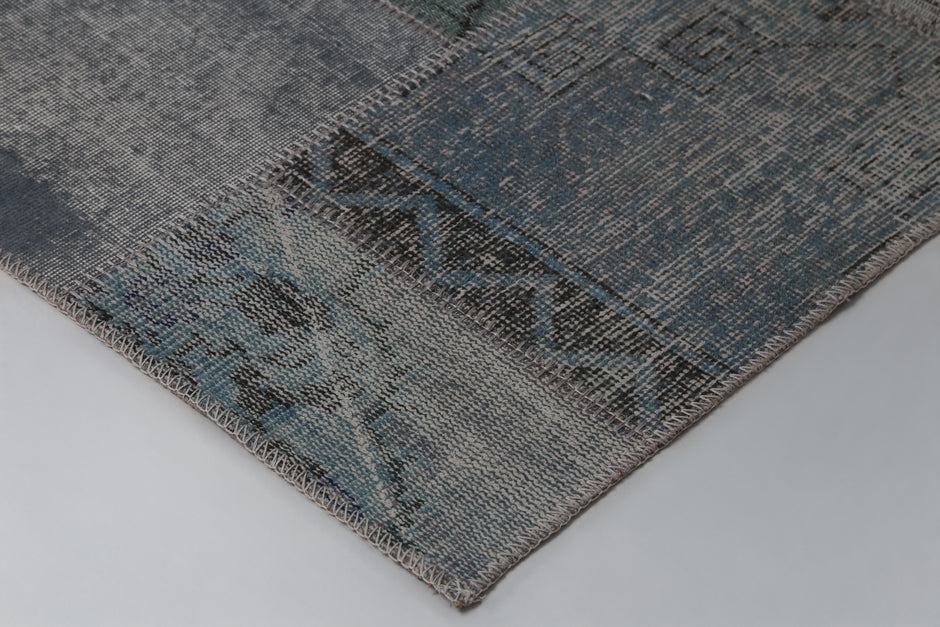 2x8 Vintage Patchwork Runner Rug, Blue Toned Wool Cotton Design, Narrow Hallway Rug