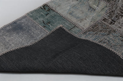 2x8 Vintage Patchwork Runner Rug, Blue Toned Wool Cotton Design, Narrow Hallway Rug