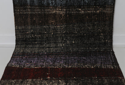 2x9 Vintage Turkish Flatweave Runner Rug, Black Red Striped Wool Cotton Hallway Rug