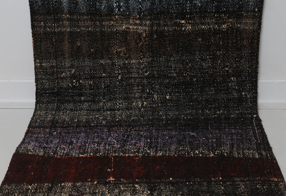 2x9 Vintage Turkish Flatweave Runner Rug, Black Red Striped Wool Cotton Hallway Rug