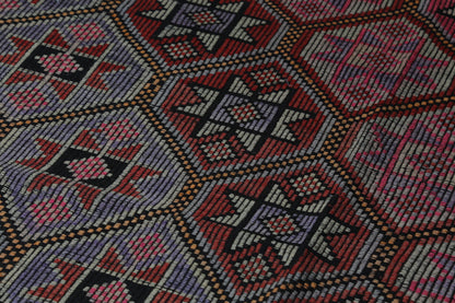 6x10 Vintage Turkish Flatweave Rug, Red Oriental Pattern Large Area Rug, Handmade Wool Cotton Kilim