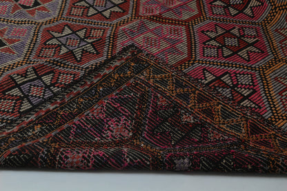 6x10 Vintage Turkish Flatweave Rug, Red Oriental Pattern Large Area Rug, Handmade Wool Cotton Kilim