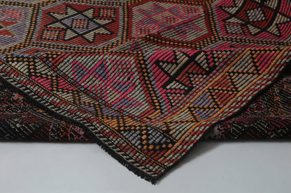 6x10 Vintage Turkish Flatweave Rug, Red Oriental Pattern Large Area Rug, Handmade Wool Cotton Kilim