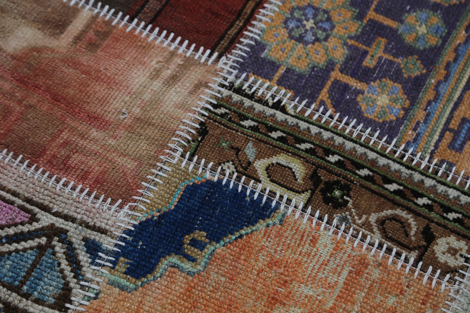 4'3 x 6'5 Vintage Turkish Patchwork Rug, Multicolor Wool Cotton Handmade Area Rug