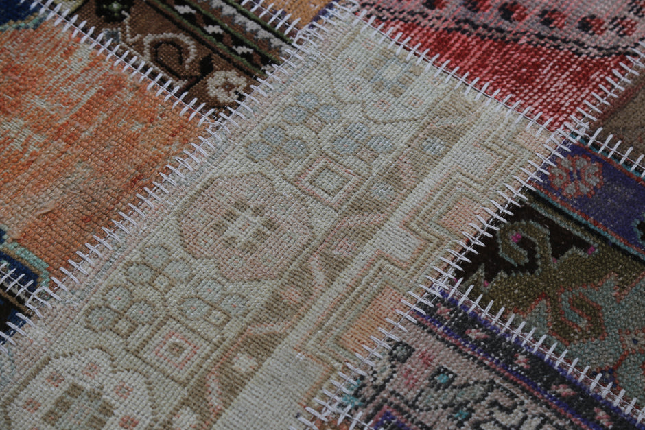 4'3 x 6'5 Vintage Turkish Patchwork Rug, Multicolor Wool Cotton Handmade Area Rug