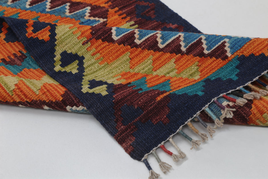 2x3 Vintage Turkish Kilim Rug, Blue Oriental Wool Accent Rug, Handmade Tribal Flatweave Rug
