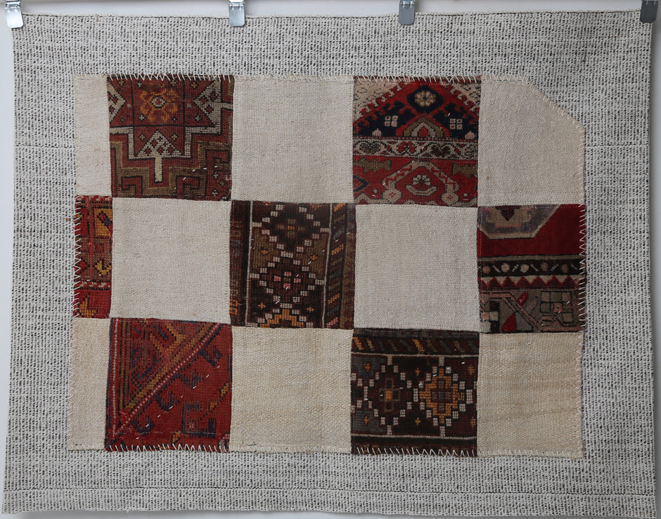 3x4 Vintage Turkish Patchwork Tapestry Rug, Handmade Textile Wall Hanging, Boho Flatweave Decor