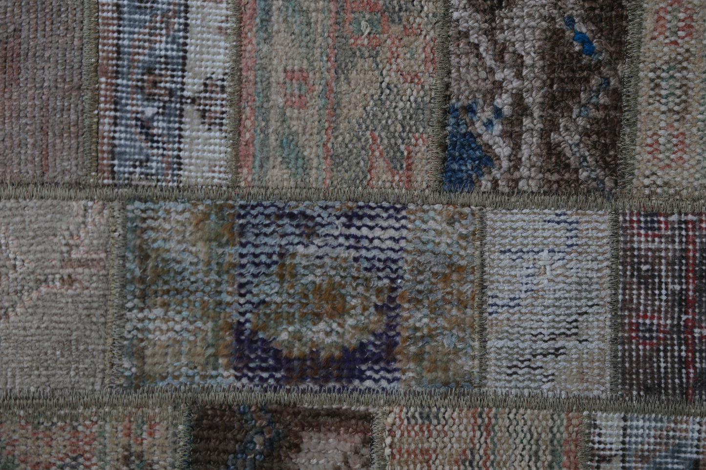 1'11 x 4'1 Vintage Turkish Patchwork Rug, Handmade Wool Cotton Beige Brown Doormat