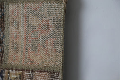 1'11 x 4'1 Vintage Turkish Patchwork Rug, Handmade Wool Cotton Beige Brown Doormat