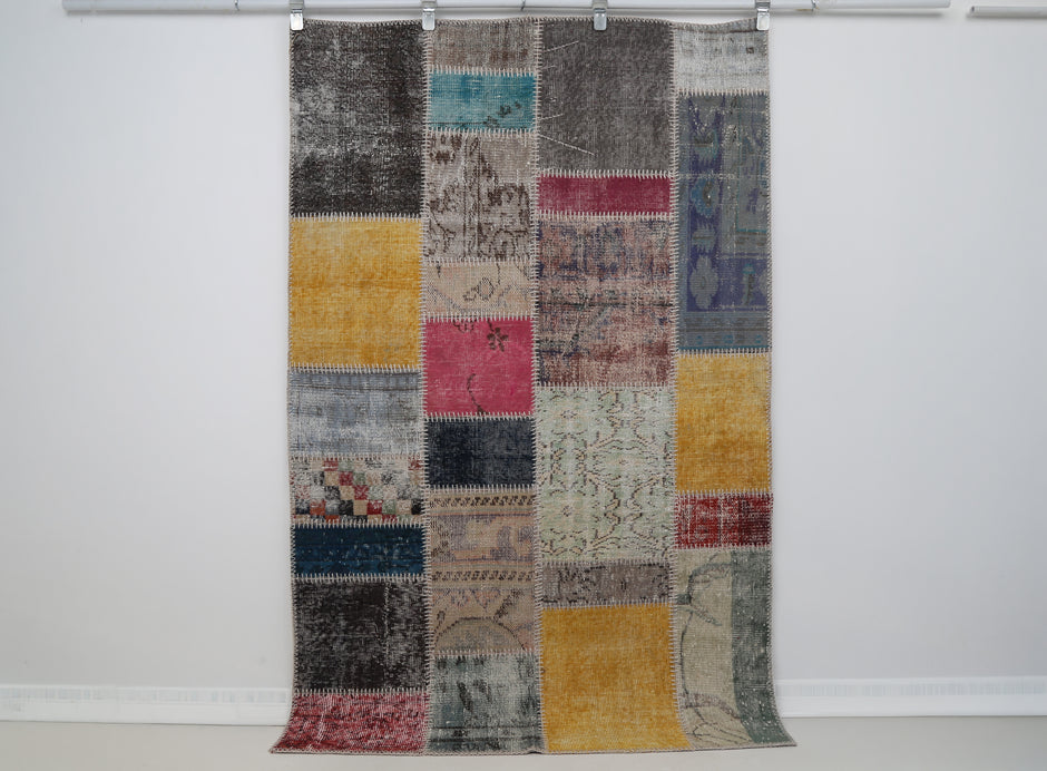 5'8 x 6'5 Vintage Turkish Patchwork Rug, Multicolor Wool Cotton Area Rug