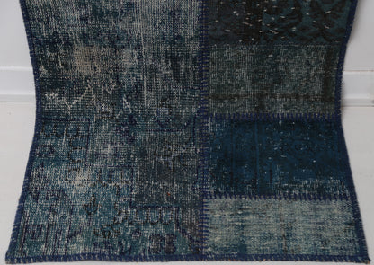 2'5 x 7'2 Vintage Turkish Patchwork Runner Rug, Handmade Wool Cotton Blue Hallway Rug