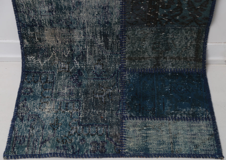 2'5 x 7'2 Vintage Turkish Patchwork Runner Rug, Handmade Wool Cotton Blue Hallway Rug