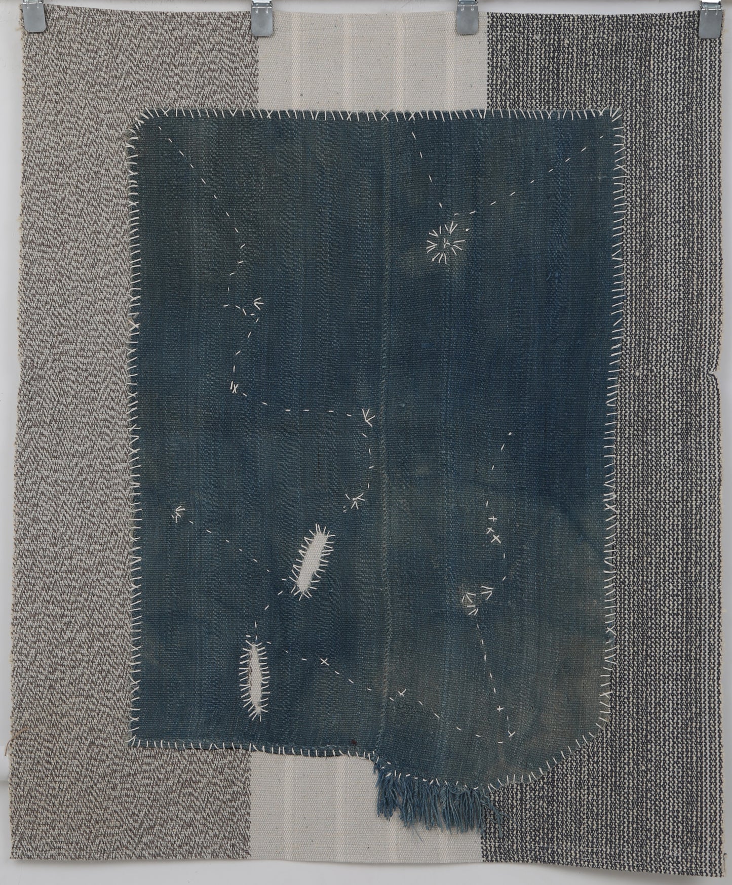 3x4 Handmade Hemp Wool Tapestry Rug, Blue Textile Wall Hanging, Minimalist Fiber Art Decor