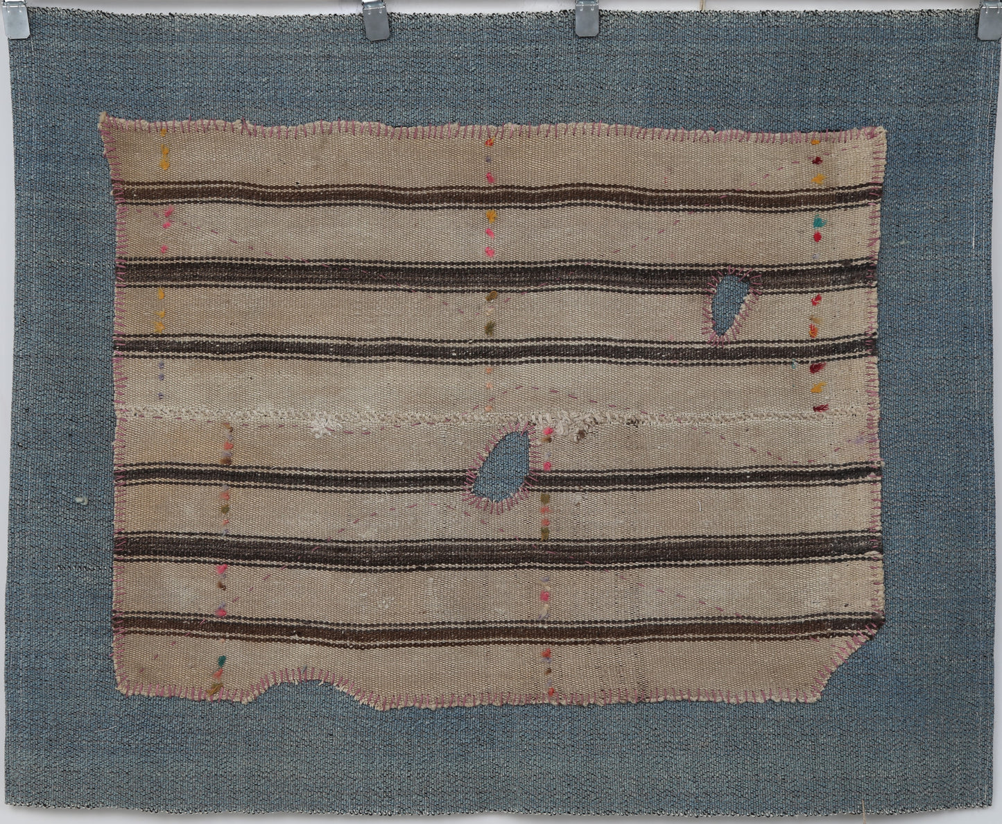 3x4 Handmade Wool Tapestry Rug, Striped Textile Wall Hanging, Rustic Fiber Art Decor