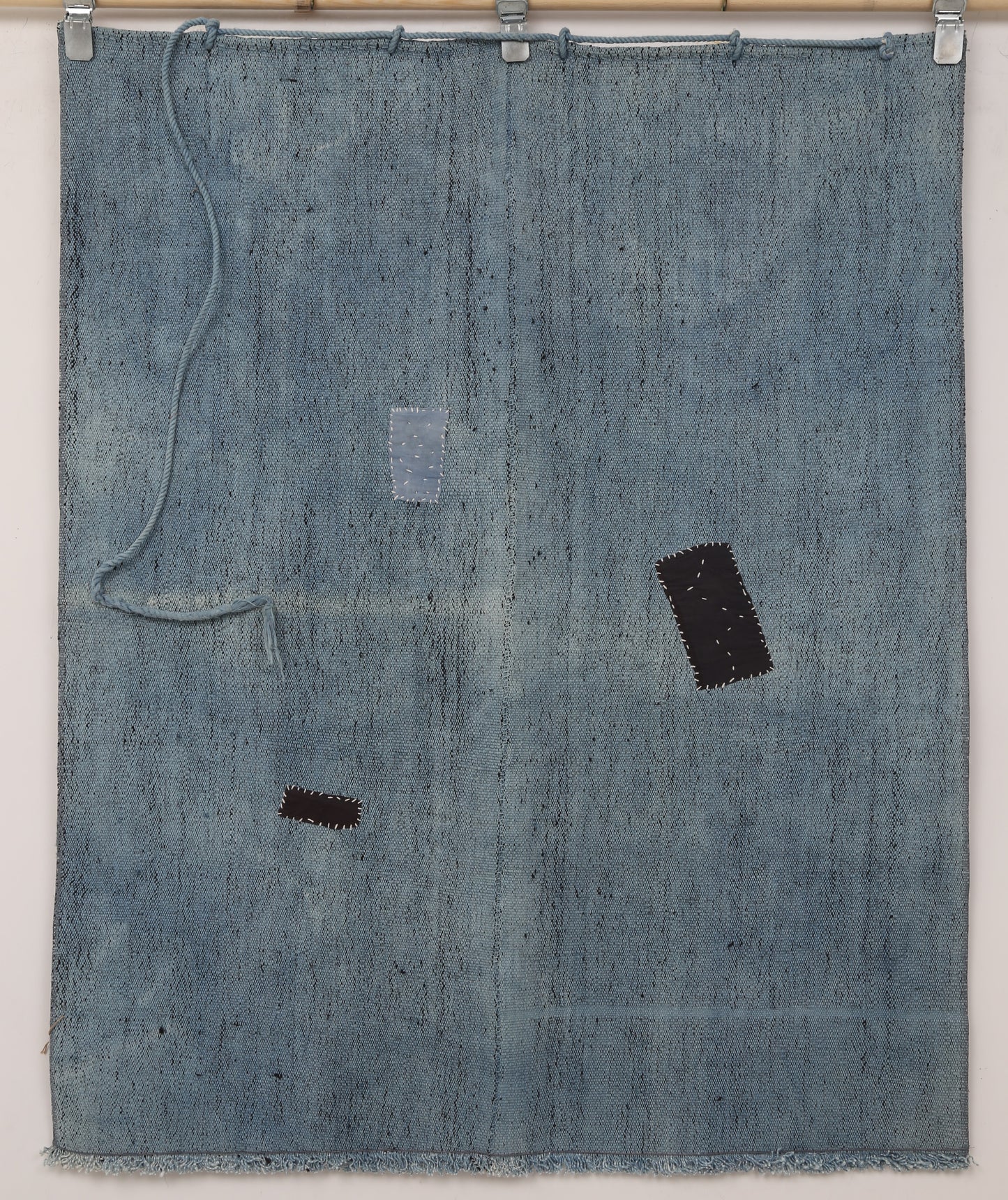 3x4 Handmade Hemp Tapestry Rug, Blue Minimalist Textile Wall Hanging, Fiber Art Decor