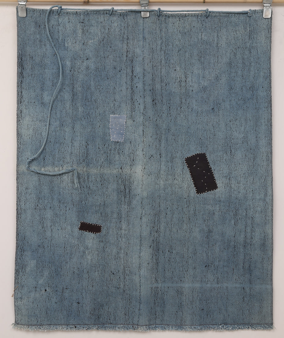 3x4 Handmade Hemp Tapestry Rug, Blue Minimalist Textile Wall Hanging, Fiber Art Decor