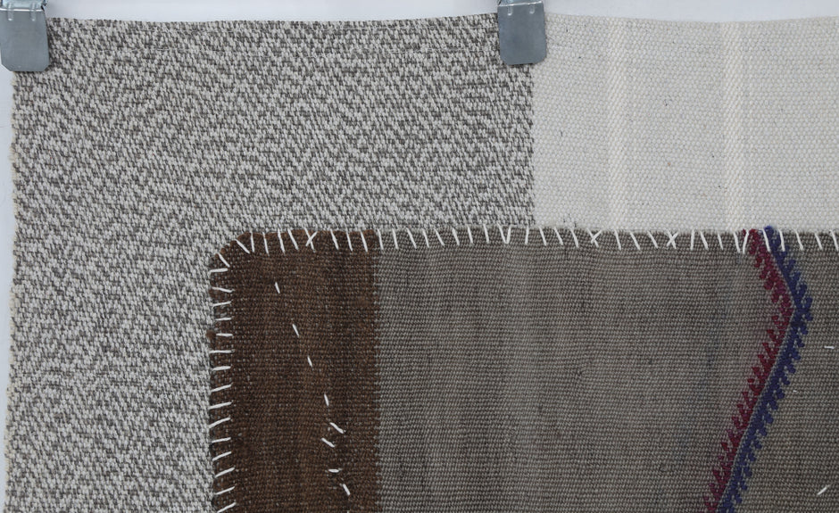 3x4 Handmade Wool Hemp Tapestry Rug, Neutral Geometric Textile Wall Hanging, Rustic Fiber Art Decor