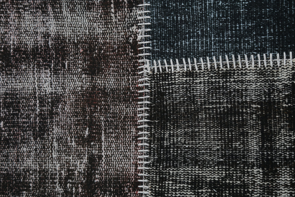 3'11 x 6'2 Vintage Turkish Patchwork Rug, Black Brown Wool Cotton Area Rug