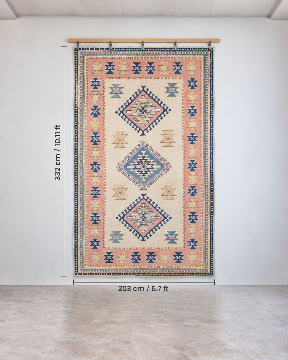 7x11 Vintage Turkish Kars Rug, Pink Blue Cream Wool Area Rug, Geometric Medallion Design