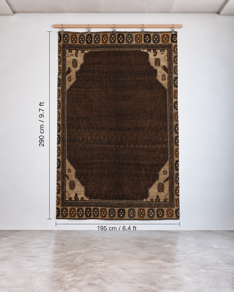 6x9 Vintage Turkish Kars Rug, Dark Brown Beige Wool Area Rug, Traditional Geometric Border
