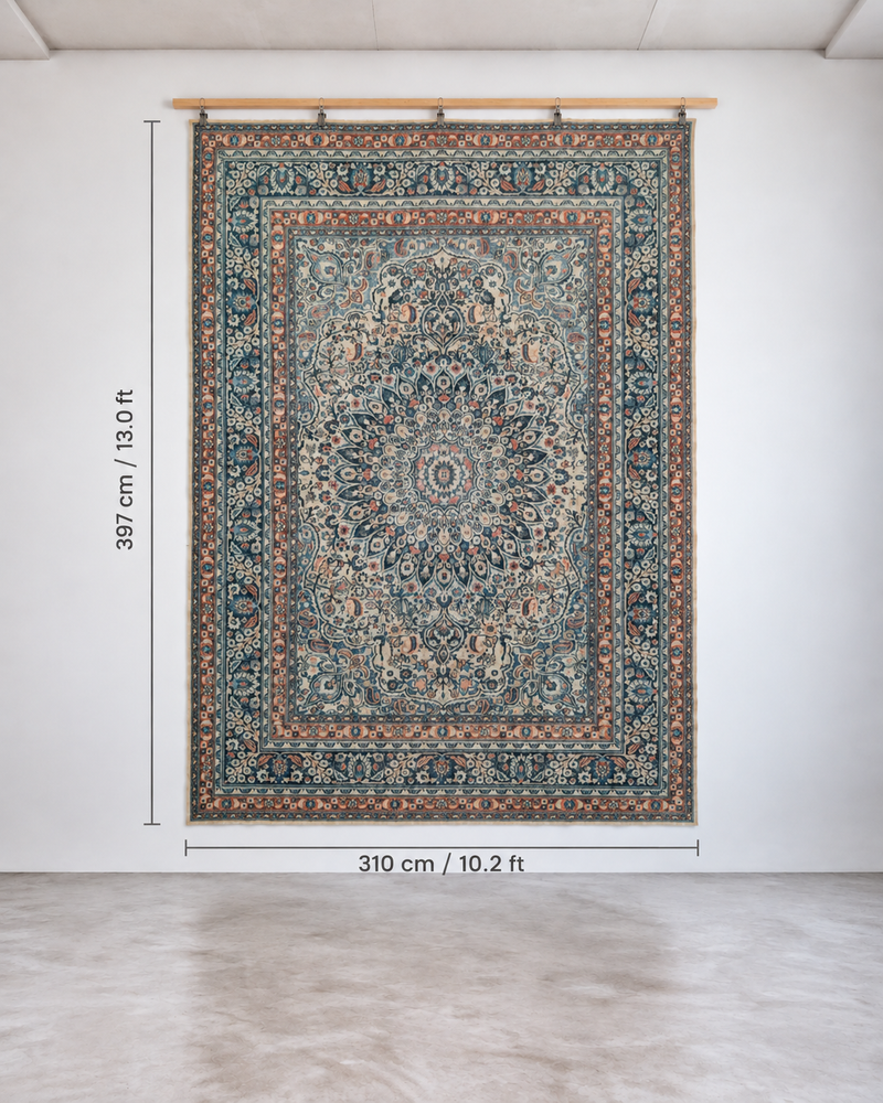10x13 Vintage Turkish Rug, Blue Beige Rust Wool Area Rug, Large Floral Medallion Design