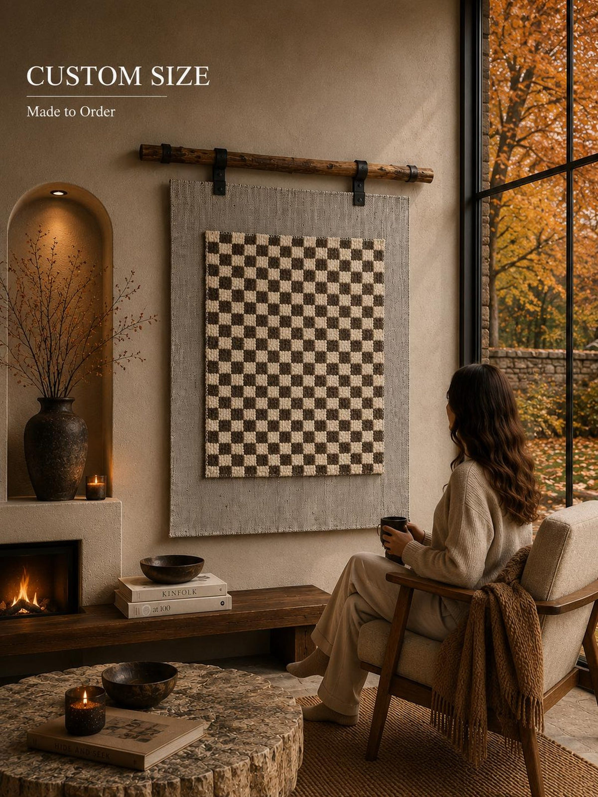 Custom Size Checkerboard Wall Hanging, Woven Wool Textile Art, Modern Fiber Wall Decor, Made to Order