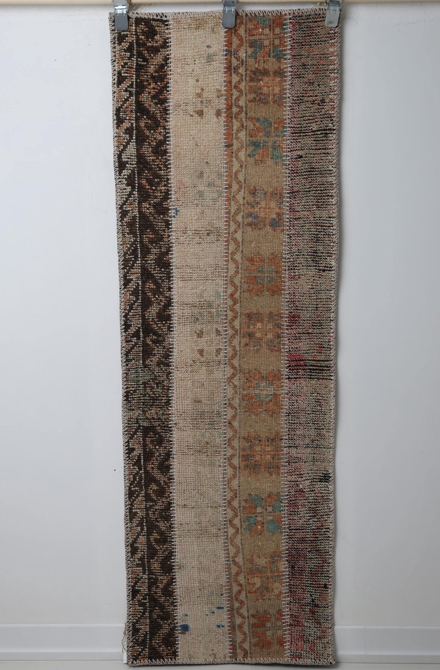 Vintage Turkish Patchwork Runner Rug, Handmade Anatolian Wool Boho Hallway Carpet