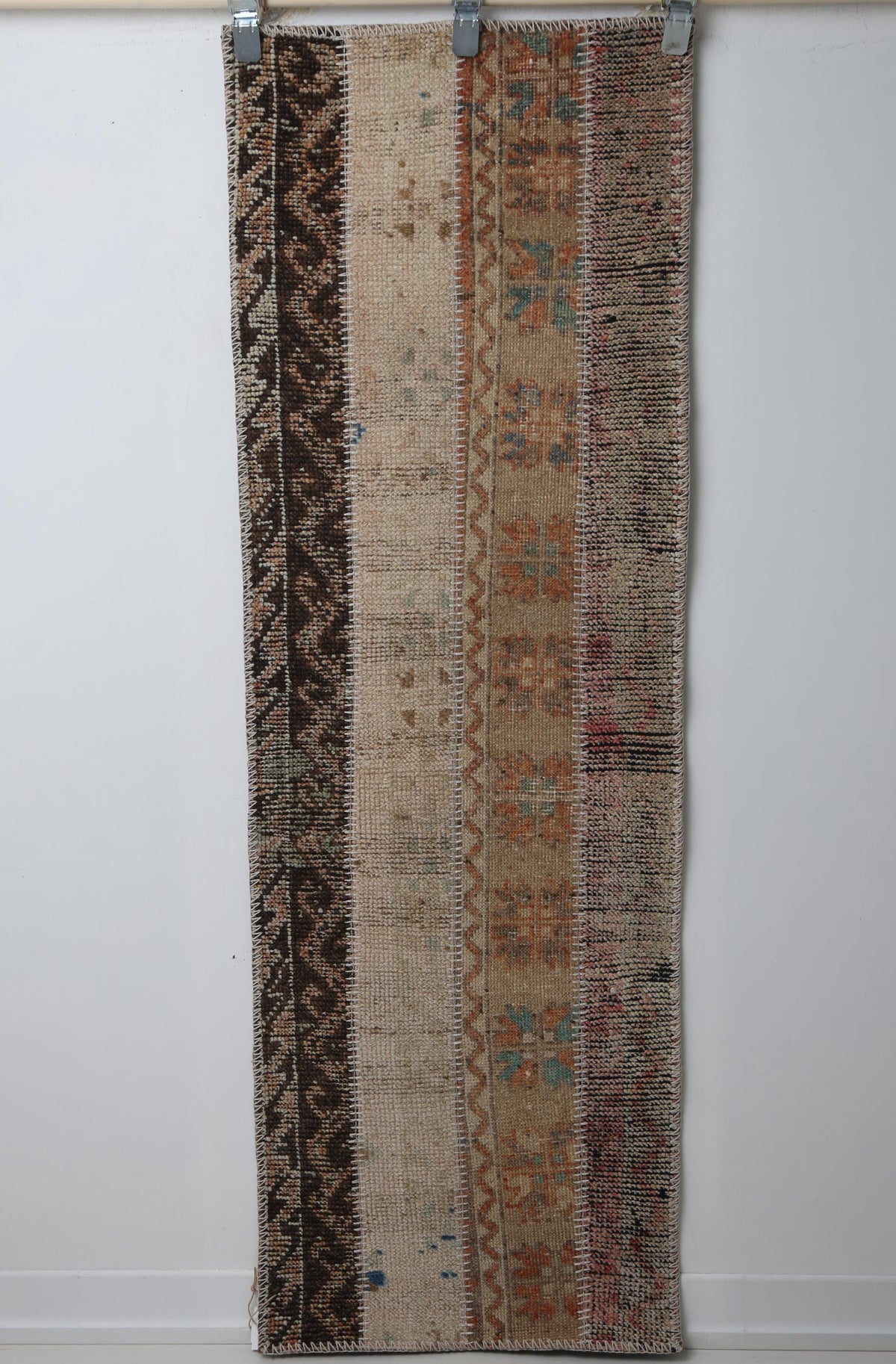 Vintage Turkish Patchwork Runner Rug, Handmade Anatolian Wool Boho Hallway Carpet