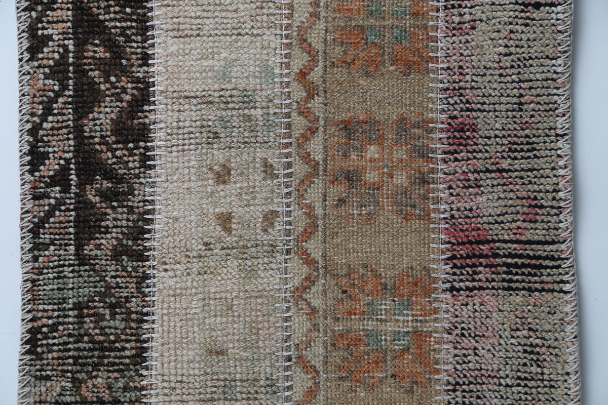 Vintage Turkish Patchwork Runner Rug, Handmade Anatolian Wool Boho Hallway Carpet