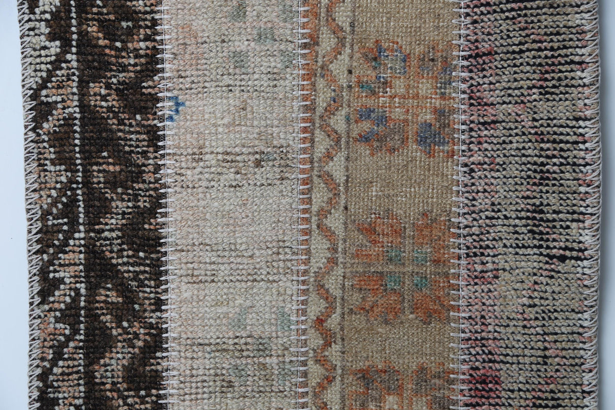 Vintage Turkish Patchwork Runner Rug, Handmade Anatolian Wool Boho Hallway Carpet
