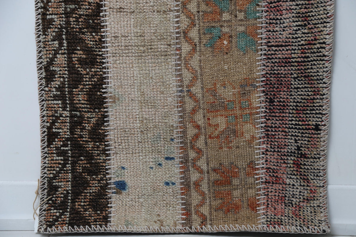 Vintage Turkish Patchwork Runner Rug, Handmade Anatolian Wool Boho Hallway Carpet
