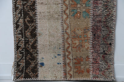 Vintage Turkish Patchwork Runner Rug, Handmade Anatolian Wool Boho Hallway Carpet