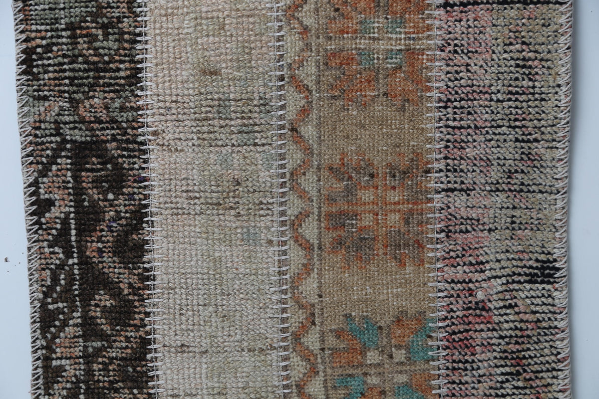 Vintage Turkish Patchwork Runner Rug, Handmade Anatolian Wool Boho Hallway Carpet