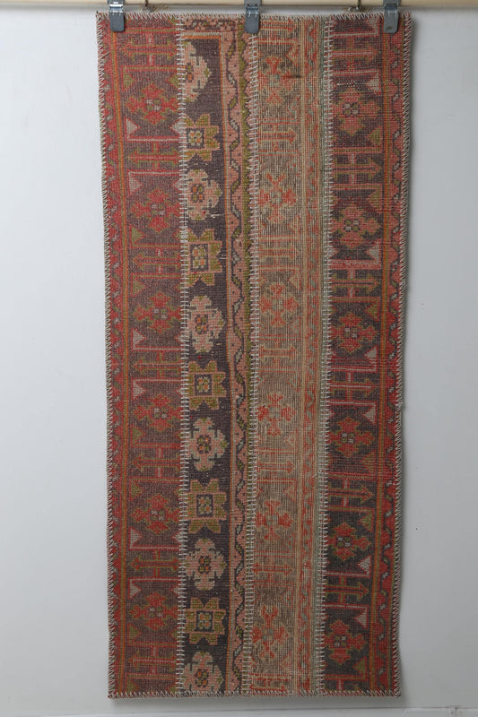 Vintage Turkish Patchwork Runner Rug, Handmade Anatolian Wool, Rustic Boho Hallway Kitchen