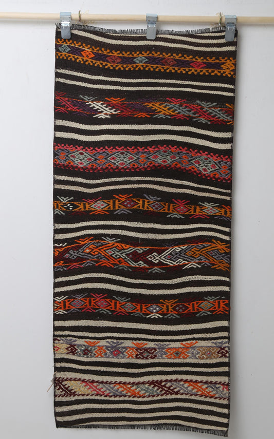 Vintage Turkish Kilim Rug, Handwoven Wool Runner, Striped Boho Tribal Accent (2'0 x 4'7)