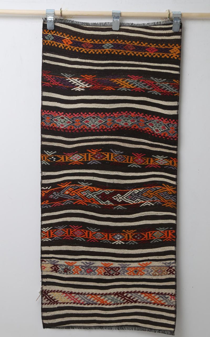 Vintage Turkish Kilim Rug, Handwoven Wool Runner, Striped Boho Tribal Accent (2'0 x 4'7)