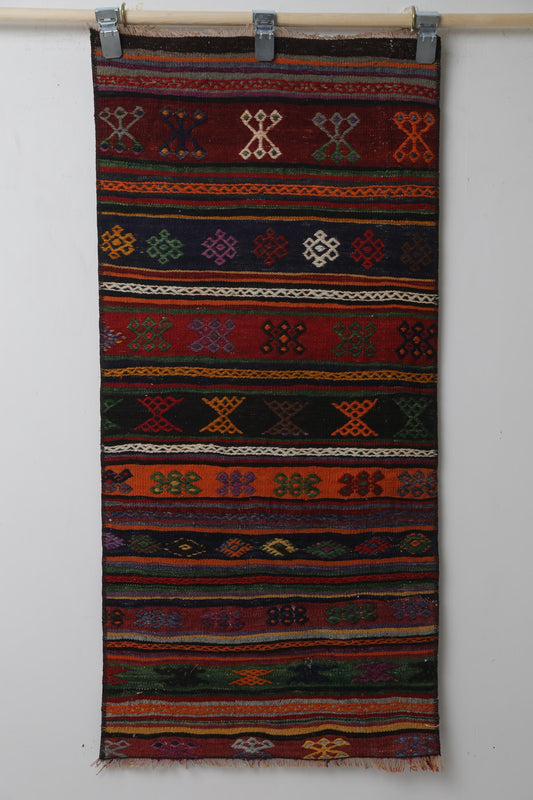 Vintage Turkish Kilim Rug, Handwoven Wool Runner, Red Multicolor Stripes