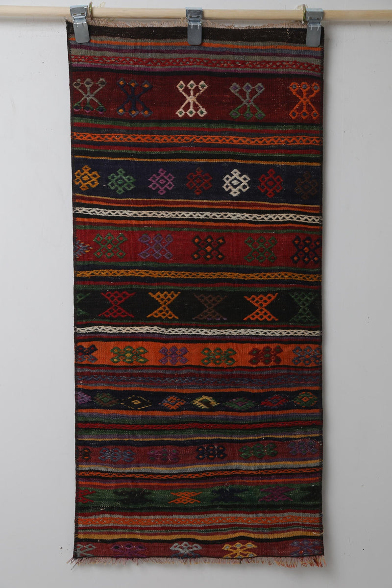 Vintage Turkish Kilim Rug, Handwoven Wool Runner, Red Multicolor Stripes